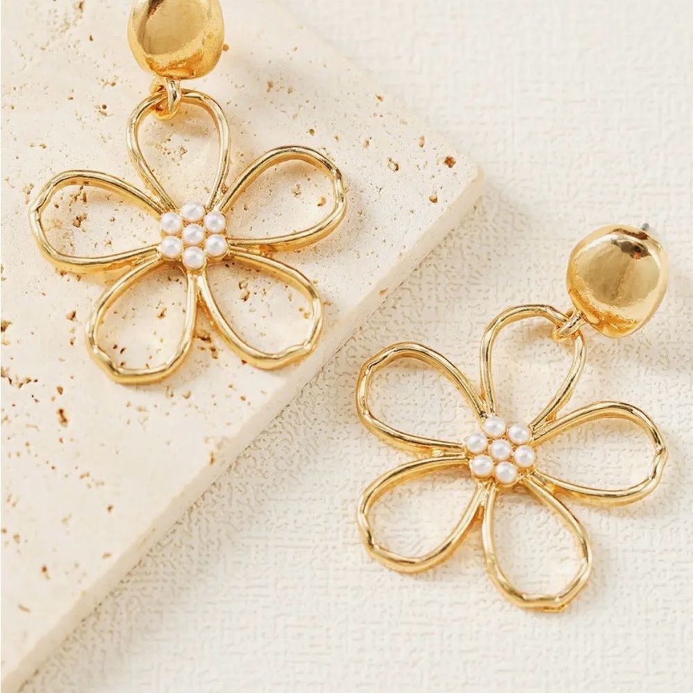 Gold Floral Earrings with Pearl Accents